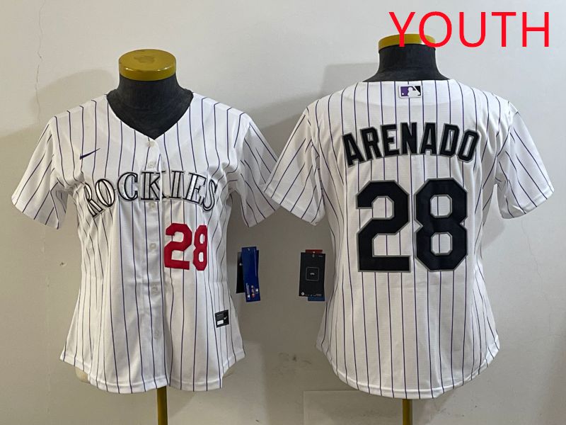 Youth Colorado Rockies #28 Arenado White Stripe Game 2025 Nike MLB Jersey style 3->youth mlb jersey->Youth Jersey